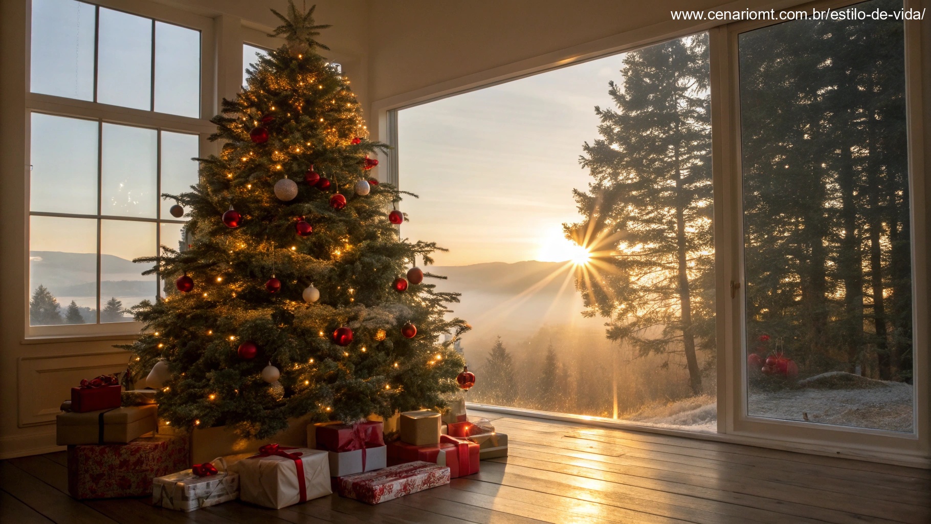 Imagem de uma manhã natalina com árvore decorada e raios de sol iluminando o ambiente