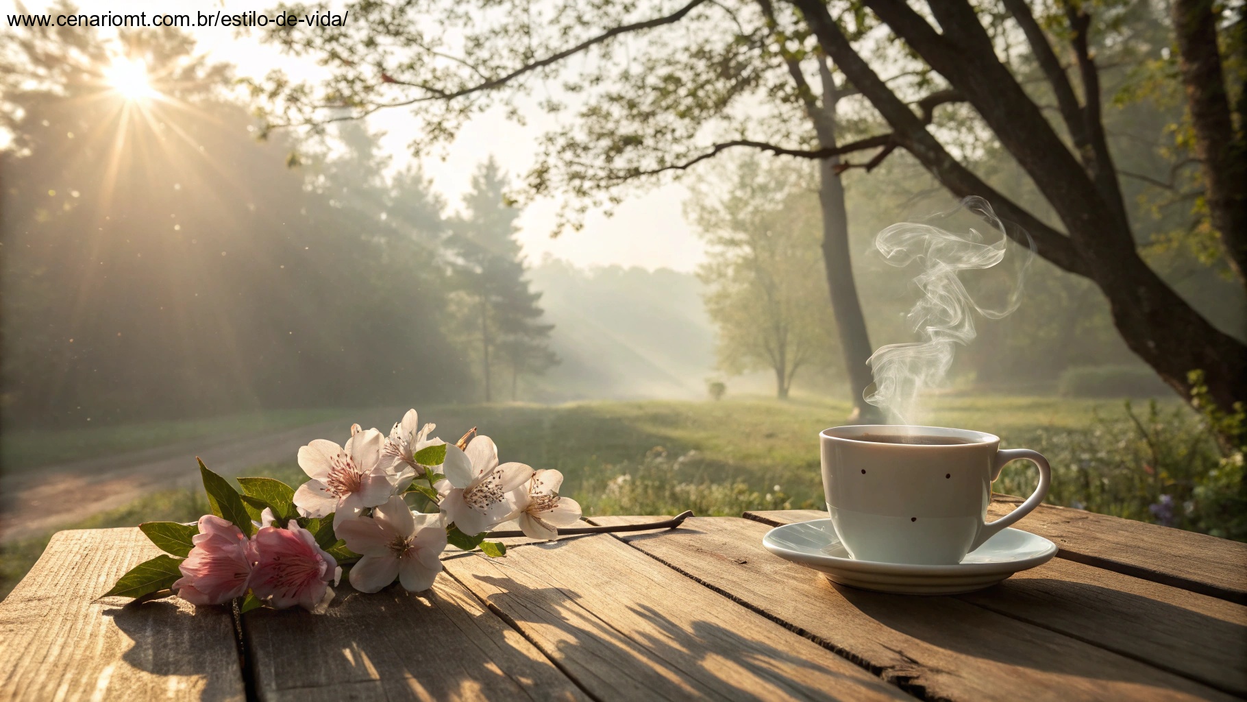 Imagem de uma manhã de sábado tranquila com raios de sol, xícara de café e flores ao redor.