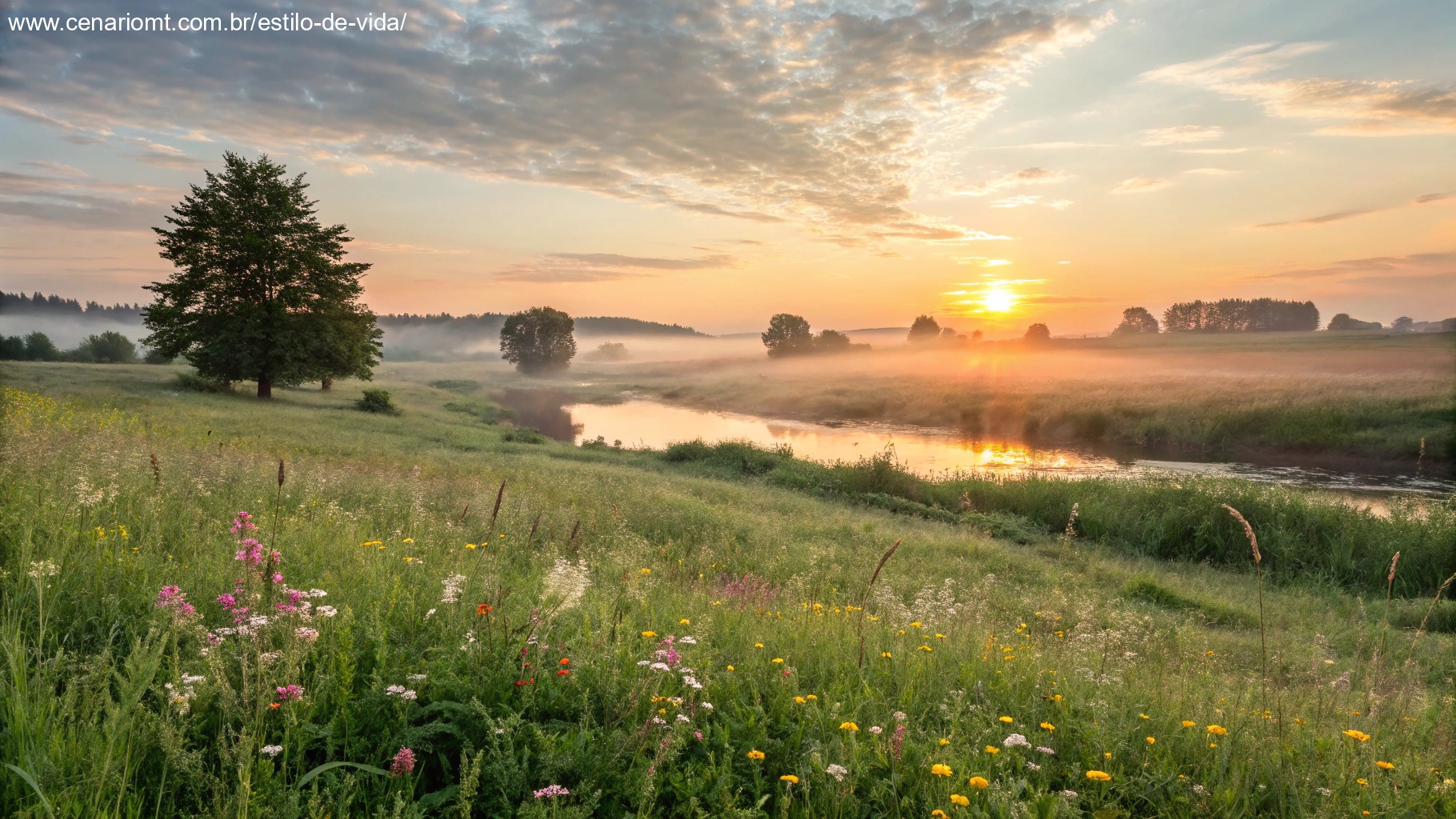 imagem de um amanhecer tranquilo em um campo, simbolizando inspiração e positividade