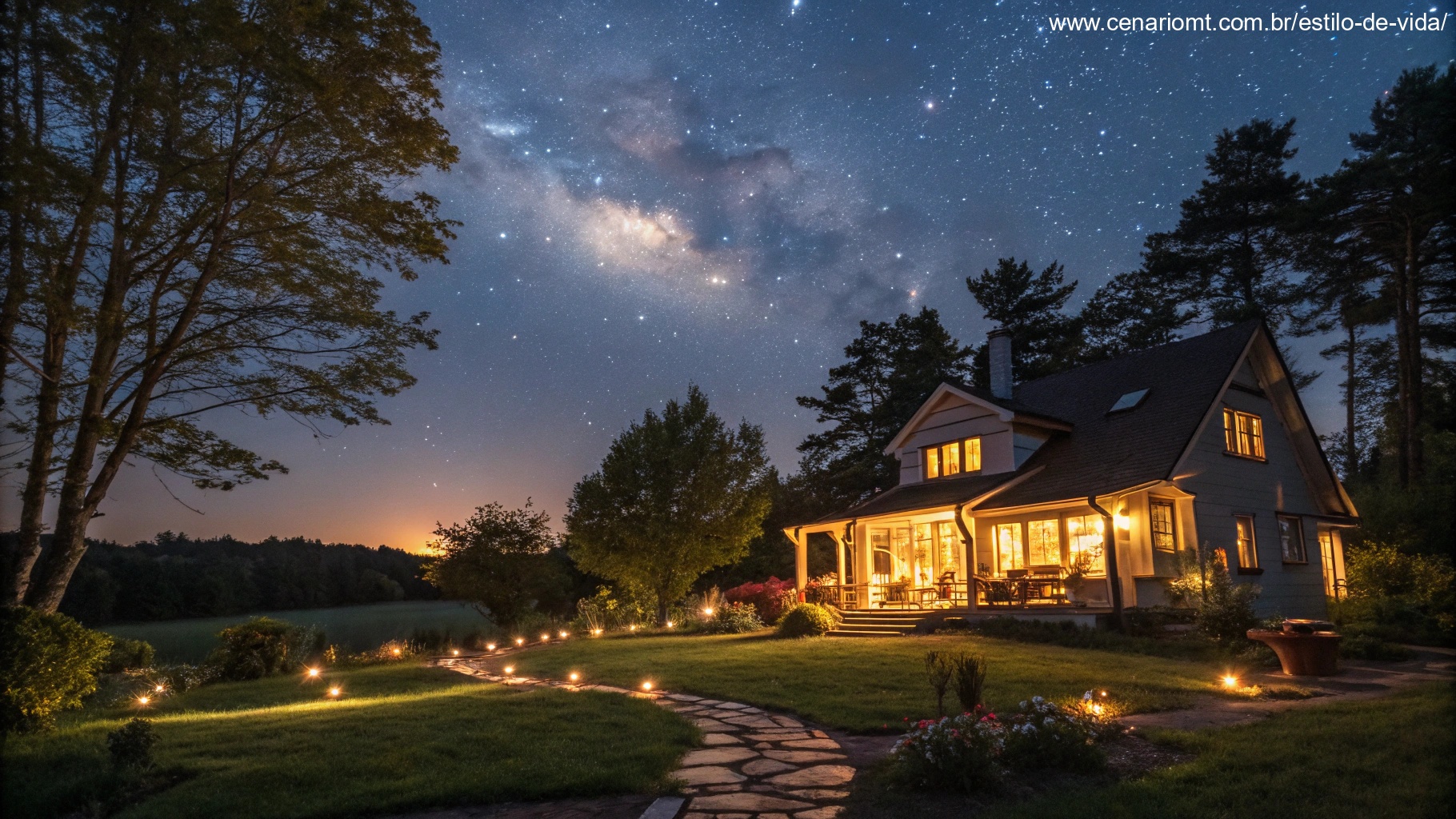 imagem de uma noite serena com céu estrelado e uma casa aconchegante iluminada