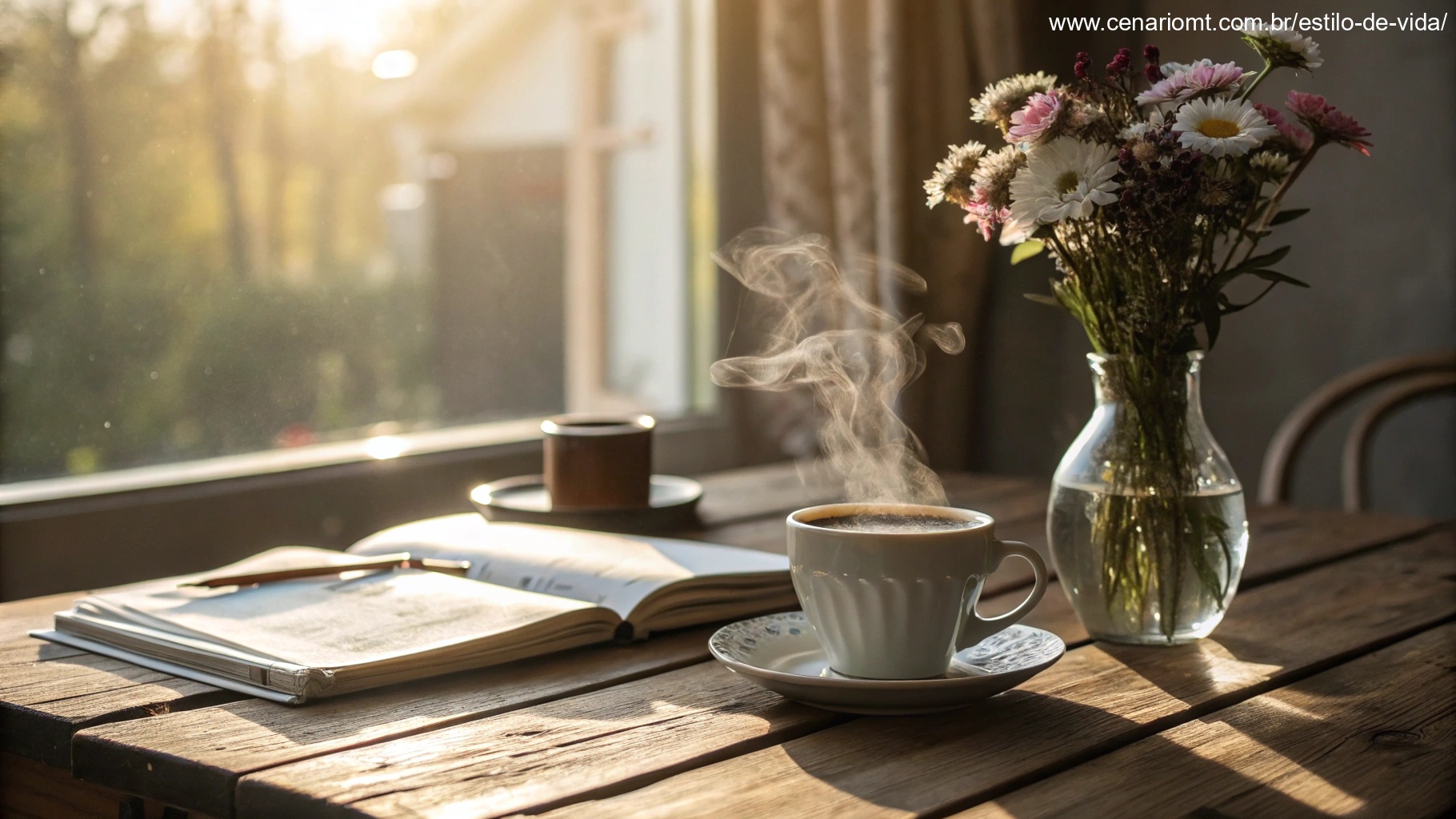 imagem de um domingo sereno com raios de sol, café e flores