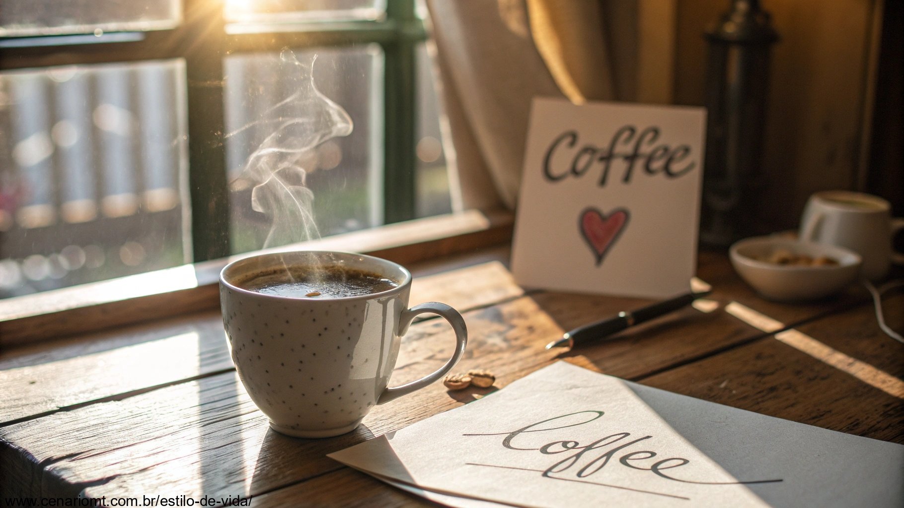 imagem de uma cena romântica com café da manhã e uma carta de amor em um ambiente iluminado pelo sol