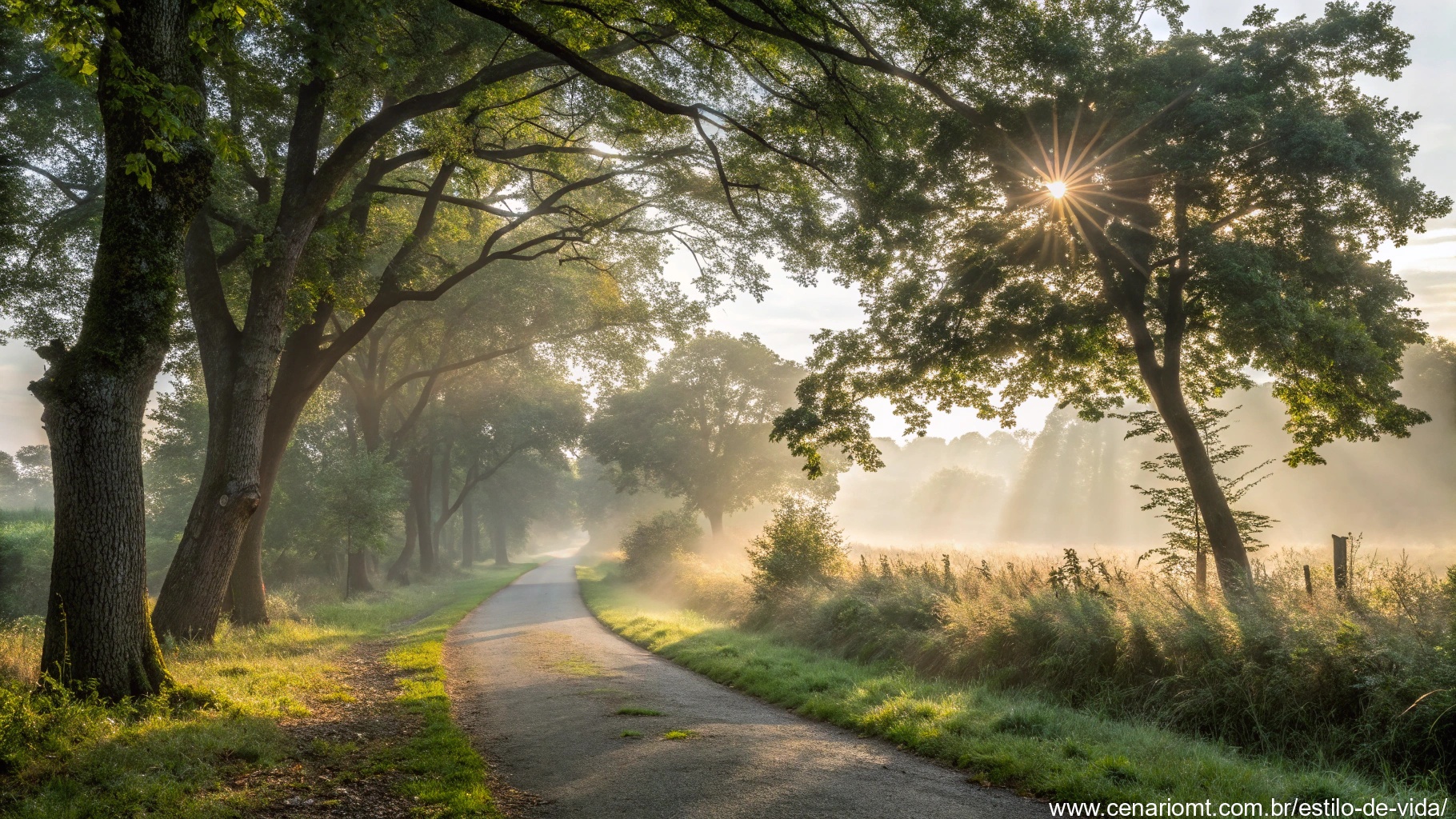 imagem de uma paisagem tranquila de manhã com luz do sol entre as árvores, simbolizando paz e gratidão