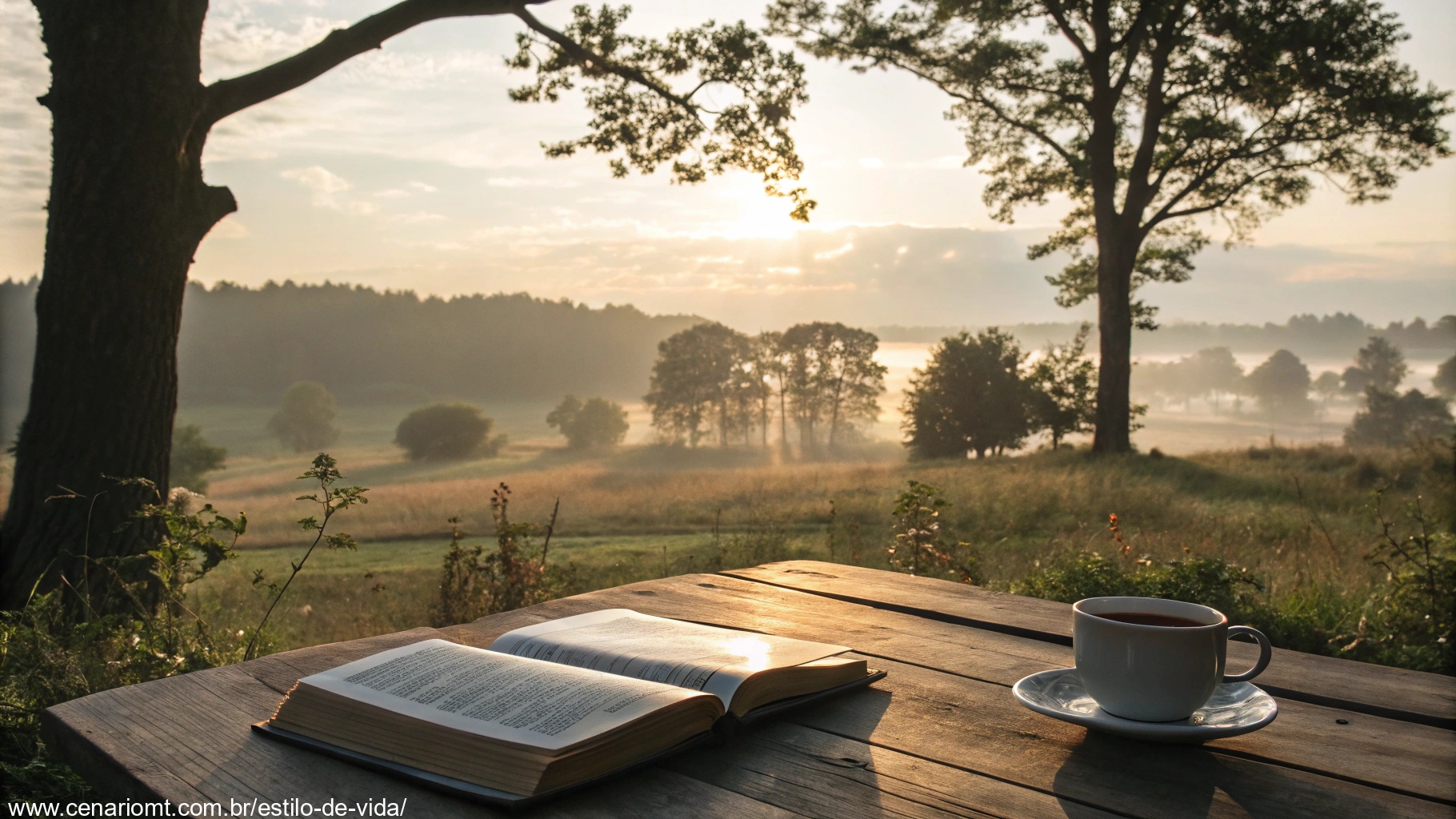 Imagem de uma bíblia e uma xícara de café sobre uma mesa ao ar livre, com um nascer do sol ao fundo.