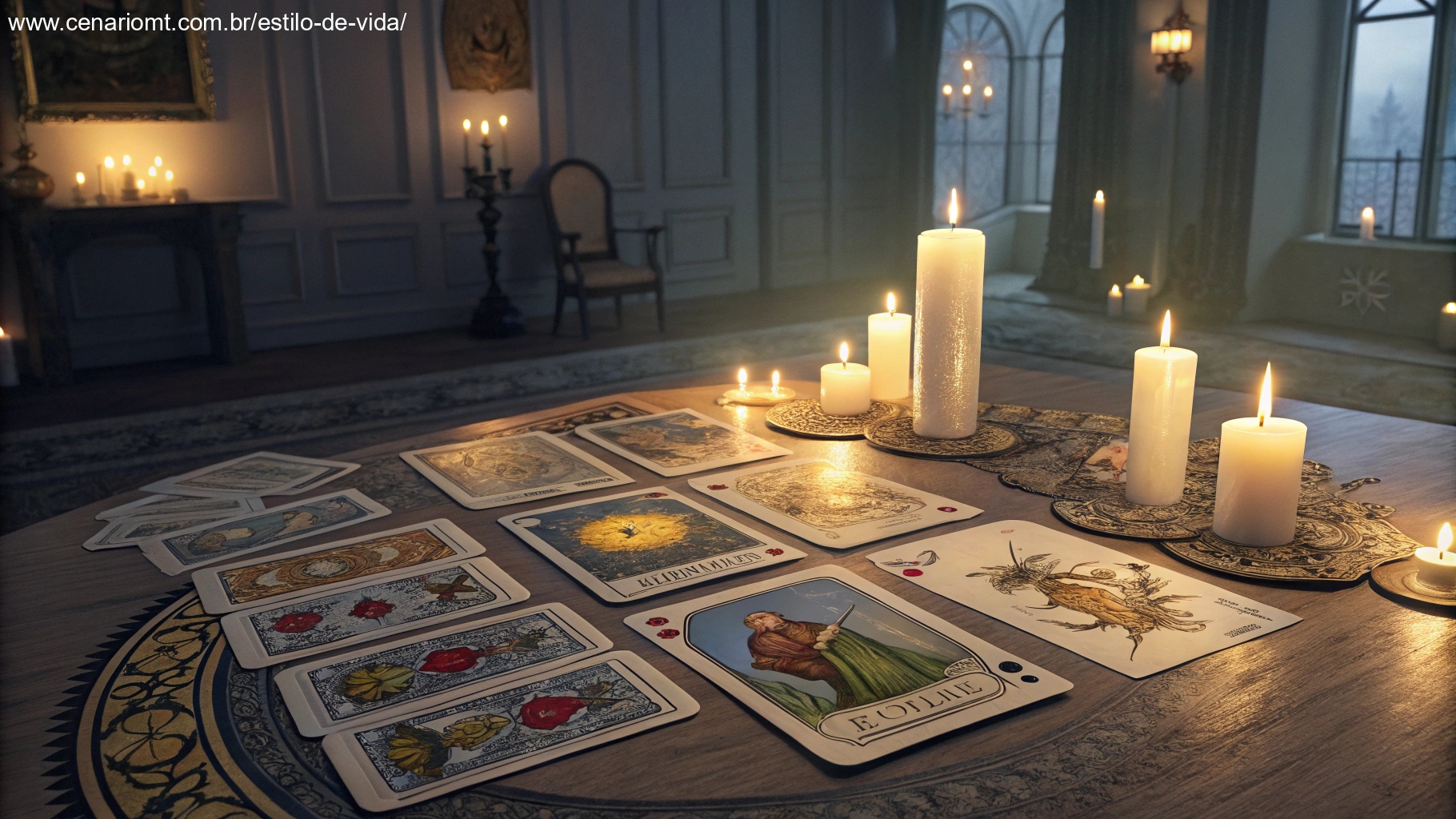 imagem de cartas de tarot em uma mesa com velas acesas, representando sorte, amor, saúde, dinheiro e família
