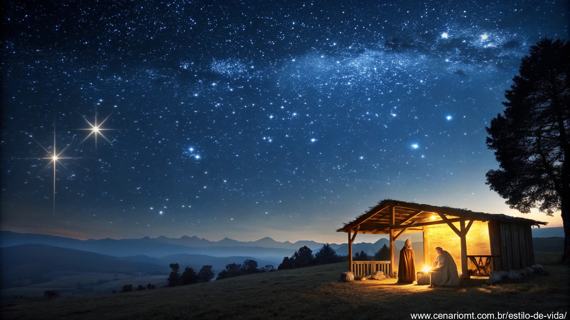 Cena de Natal com céu estrelado e presépio iluminado, simbolizando paz e renovação espiritual.