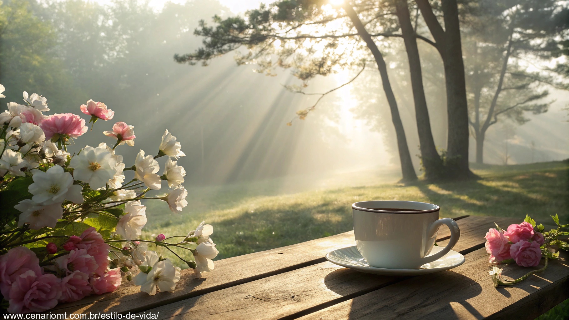 Imagem de uma manhã serena com raios de sol, xícara de café e flores delicadas em tons claros.