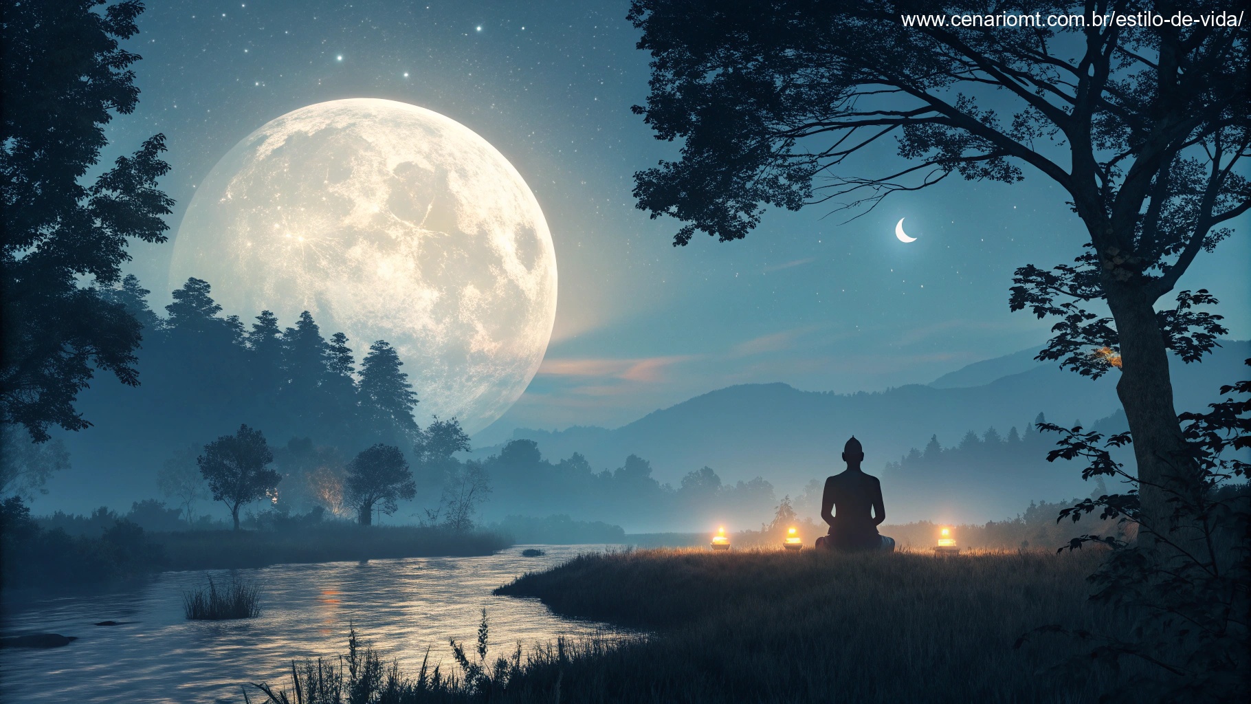 imagem mística de uma paisagem iluminada pela lua cheia, simbolizando a espiritualidade da Sexta-feira 13