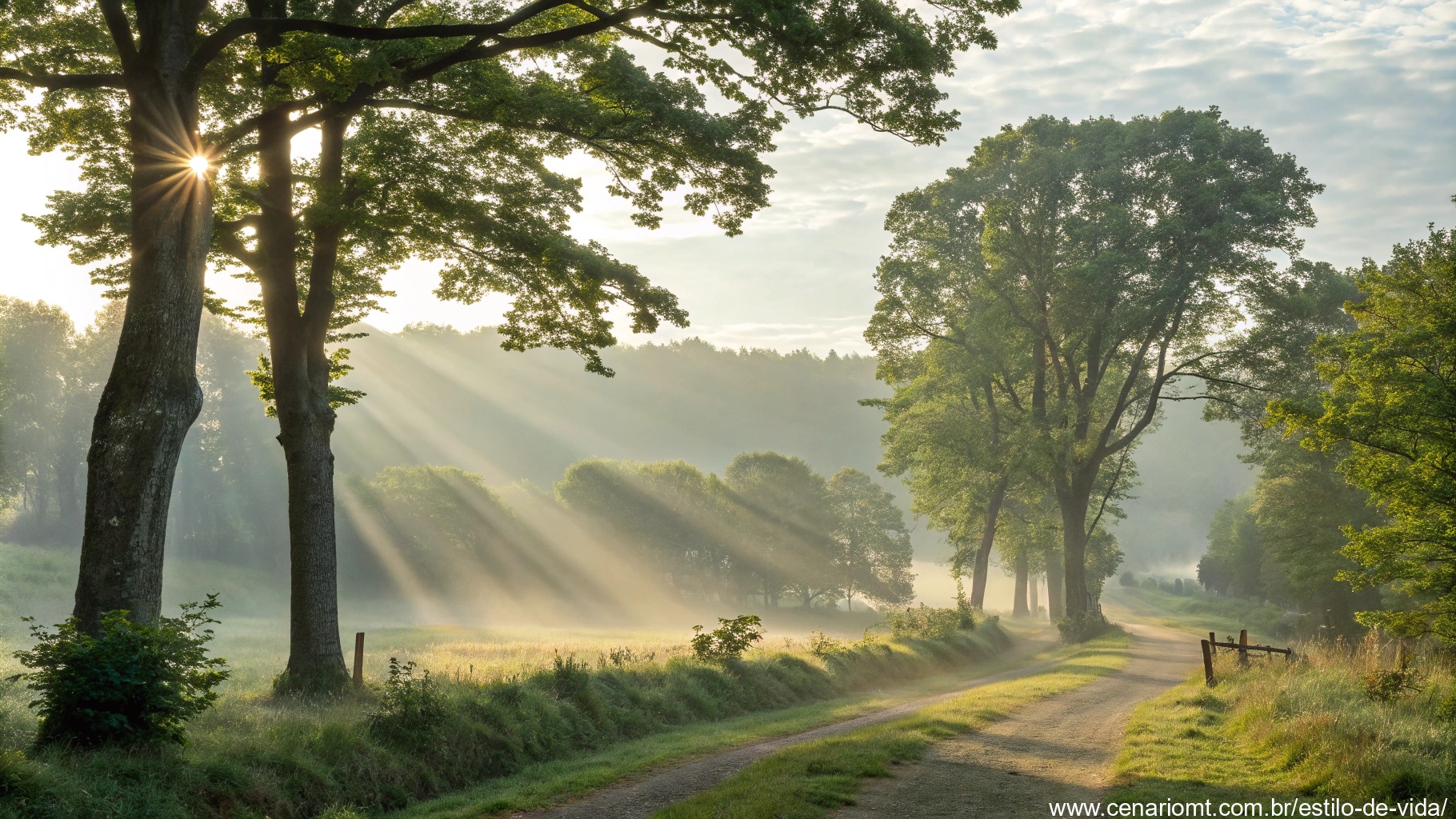 imagem de uma paisagem serena de manhã com raios de sol passando entre árvores