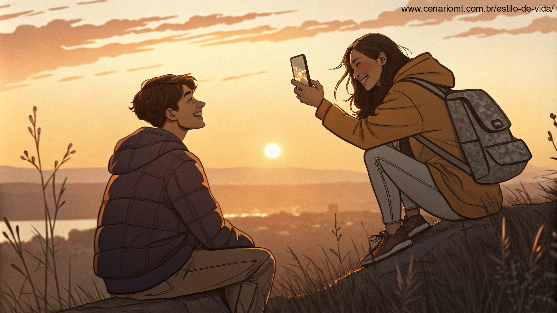 Imagem de um casal conectado emocionalmente à distância, com um nascer do sol ao fundo.