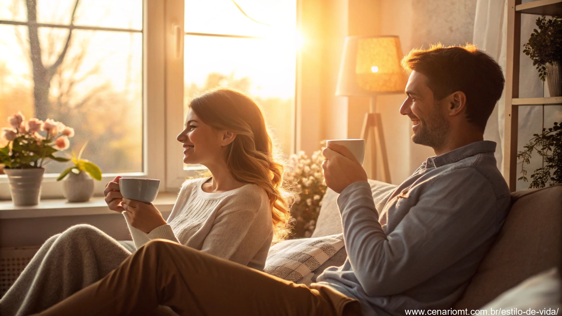 Casal romântico desfrutando de uma manhã tranquila de sábado com xícaras de café