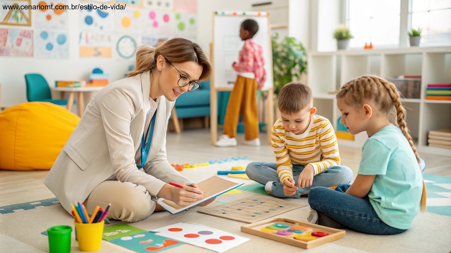 imagem de um neuropsicopedagogo auxiliando crianças em atividades educacionais em uma sala de aula inclusiva