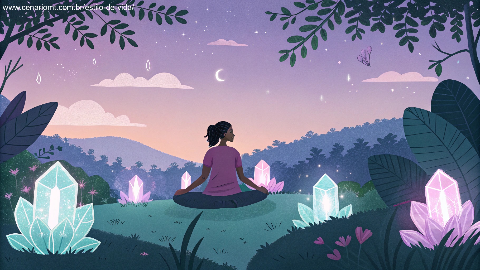 imagem de pessoa meditando ao ar livre rodeada por cristais e natureza, simbolizando espiritualidade