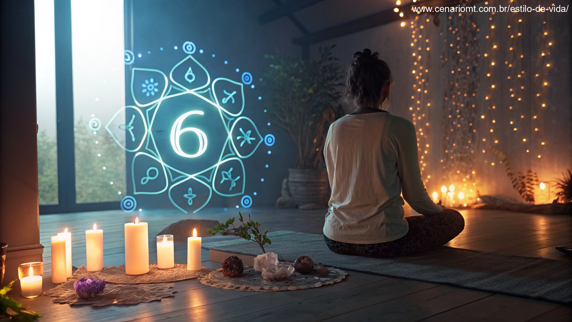 imagem de pessoa meditando com símbolos numerológicos e cristais ao redor