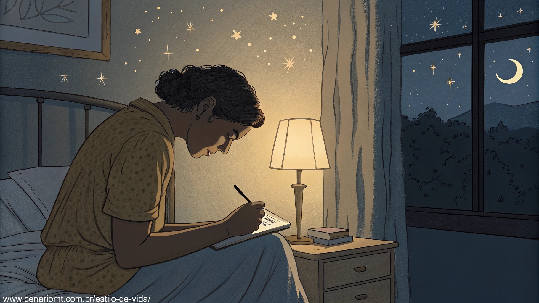 Imagem de uma pessoa escrevendo em um diário de sonhos ao lado da cama com luz suave e ambiente tranquilo.
