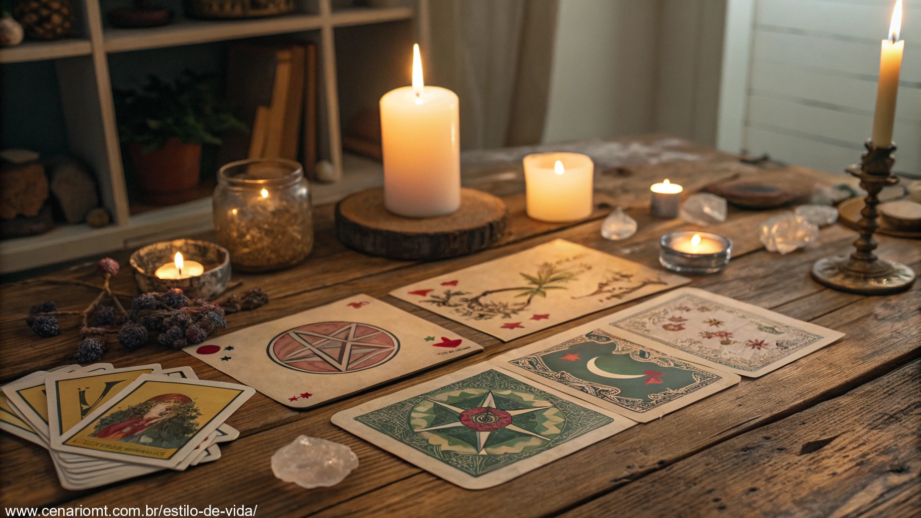 Imagem de cartas de tarot sobre uma mesa com símbolos de sorte, amor, família, saúde e dinheiro.