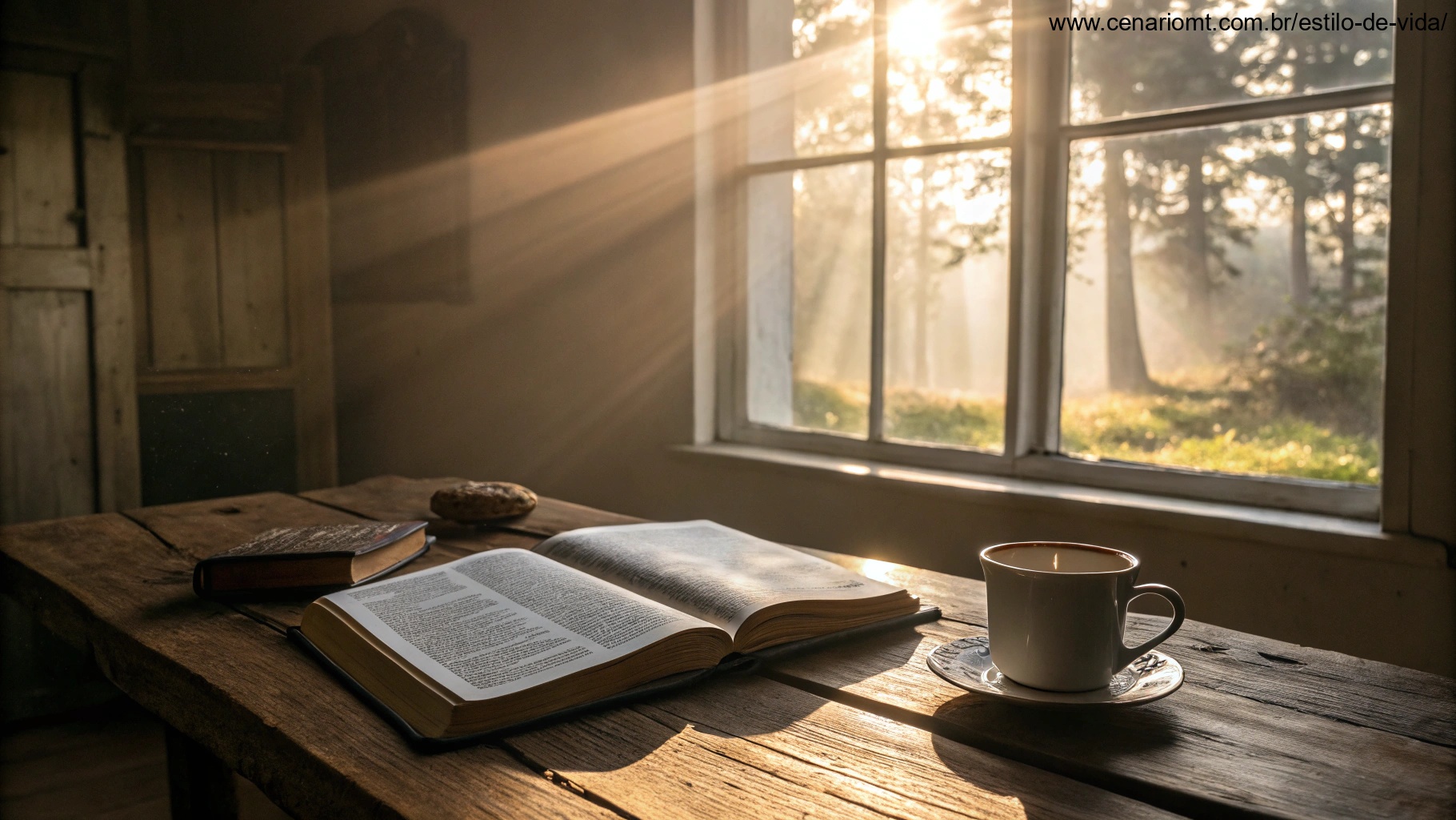 Imagem de um domingo abençoado com luz solar suave, Bíblia e café na mesa.