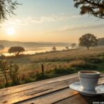imagem de uma manhã de domingo tranquila com um nascer do sol e uma xícara de café em uma mesa de madeira