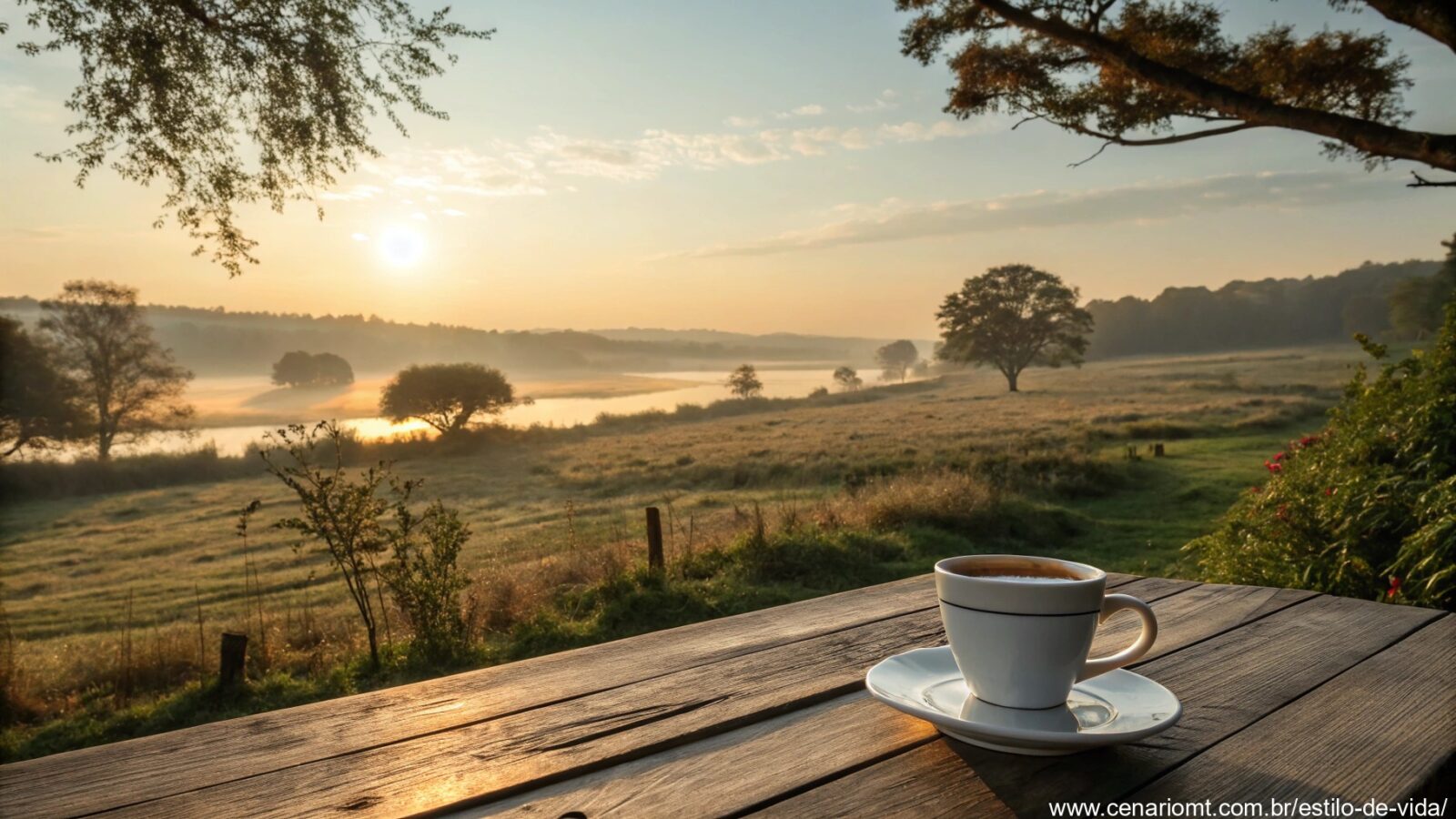 imagem de uma manhã de domingo tranquila com um nascer do sol e uma xícara de café em uma mesa de madeira