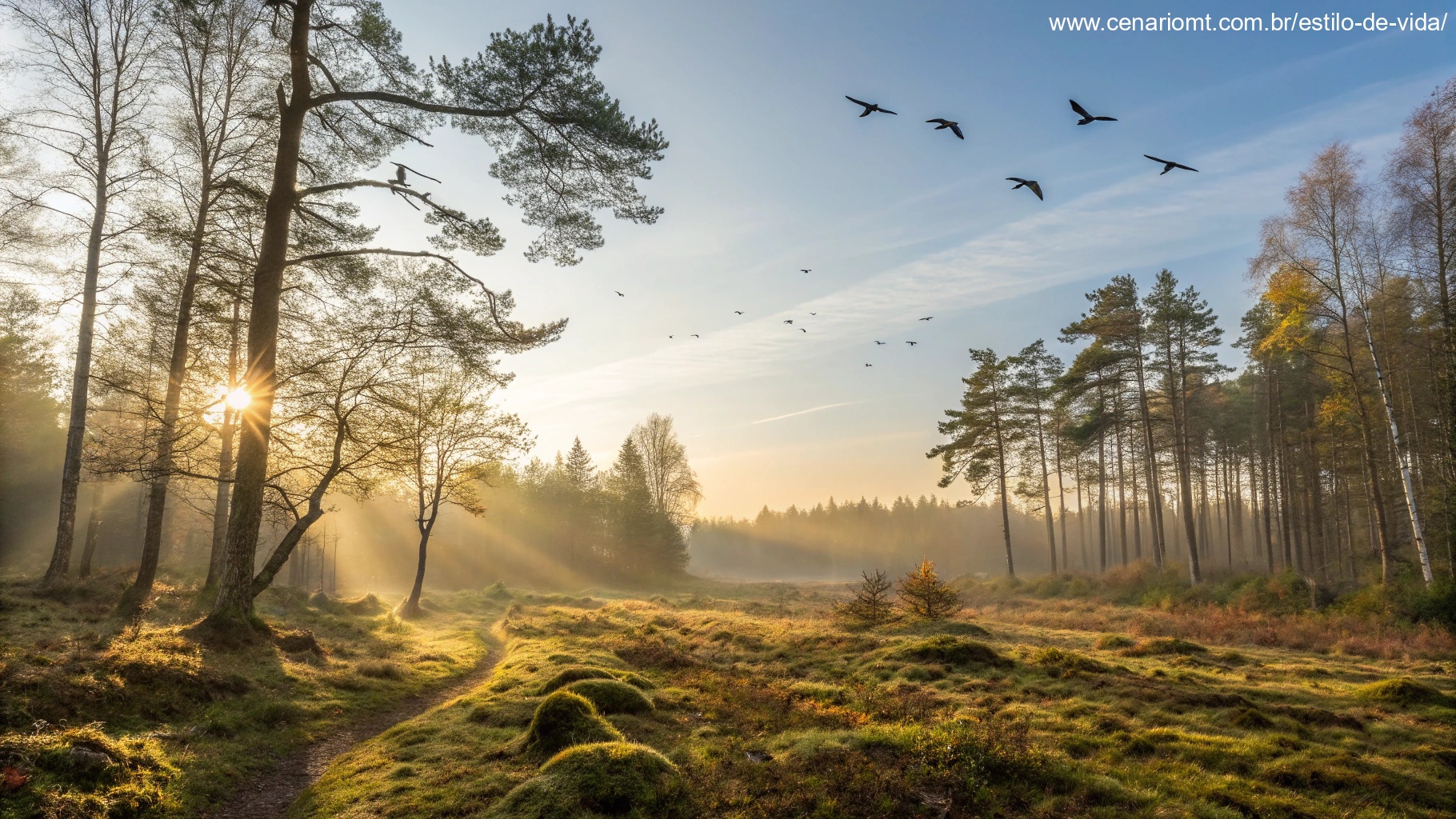 imagem de uma manhã tranquila com raios de sol dourados em uma floresta serena
