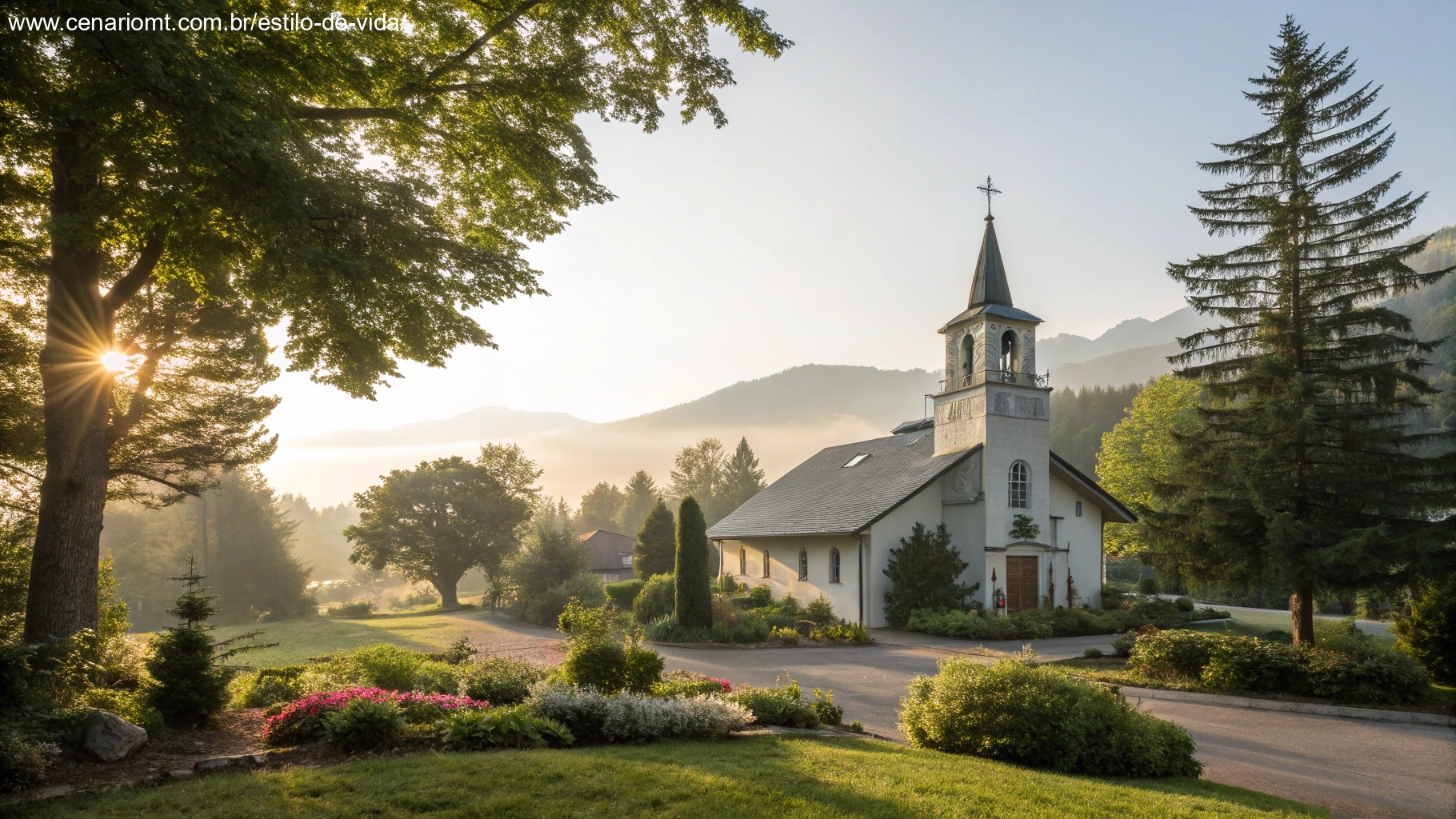 Imagem de um domingo sereno com luz do sol sobre uma igreja cercada por vegetação.