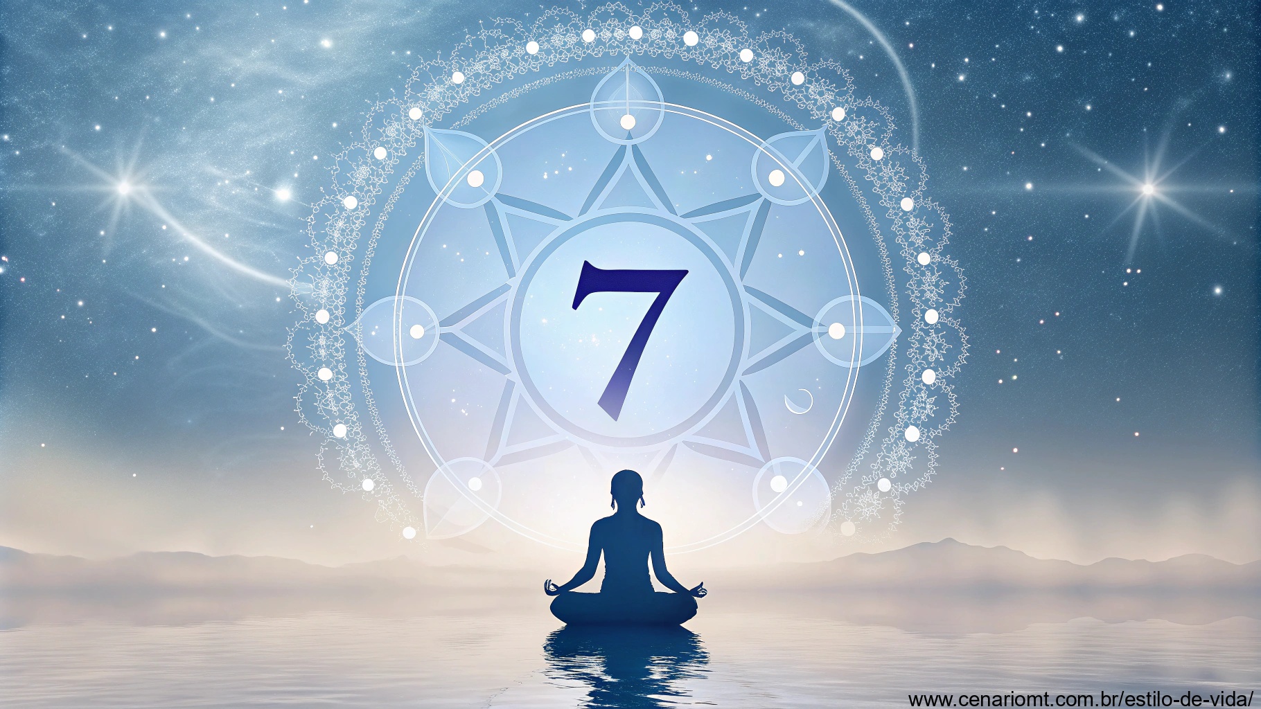 Representação mística do número 7 com símbolos espirituais e aura brilhante
