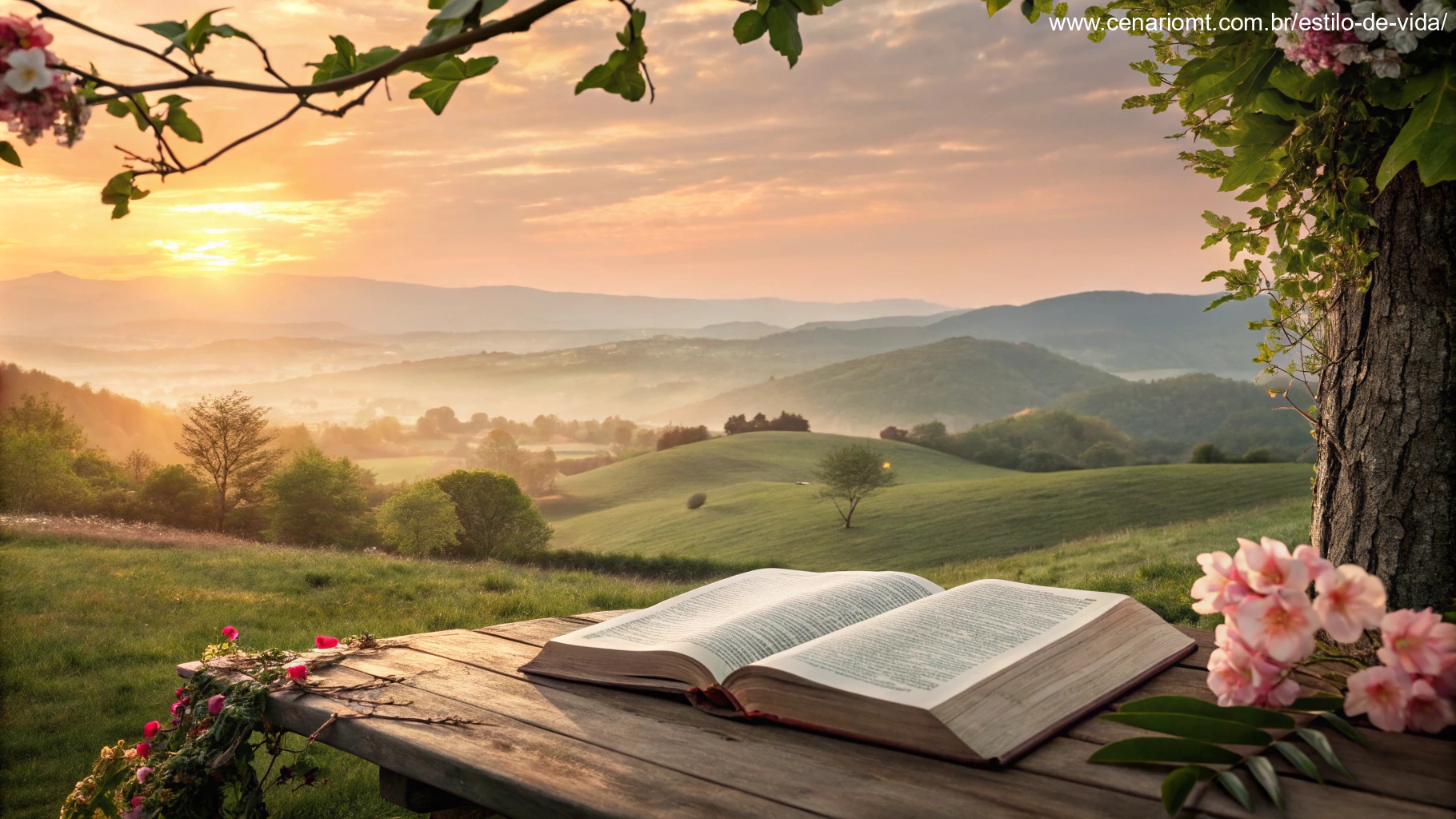 Imagem de uma Bíblia sobre uma mesa ao amanhecer, cercada pela natureza, simbolizando fé e inspiração.