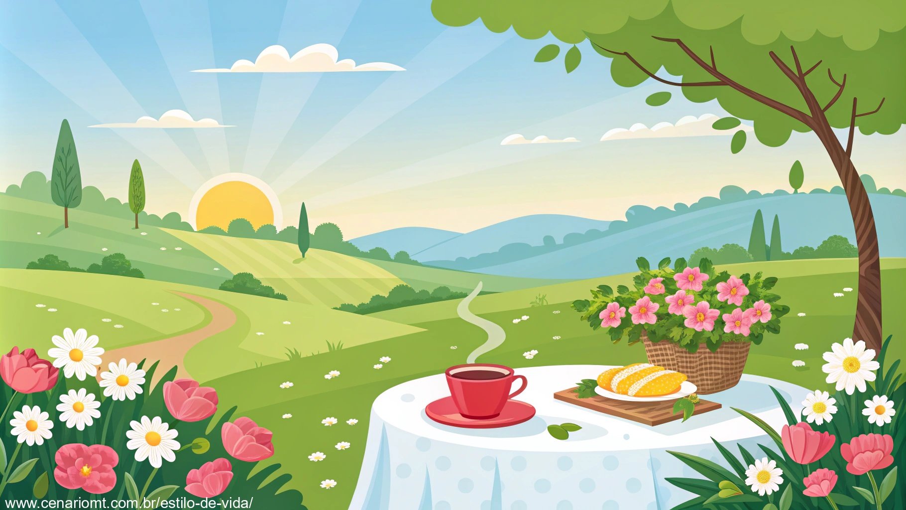 Imagem de uma manhã de sábado com paisagem ensolarada e café da manhã acolhedor