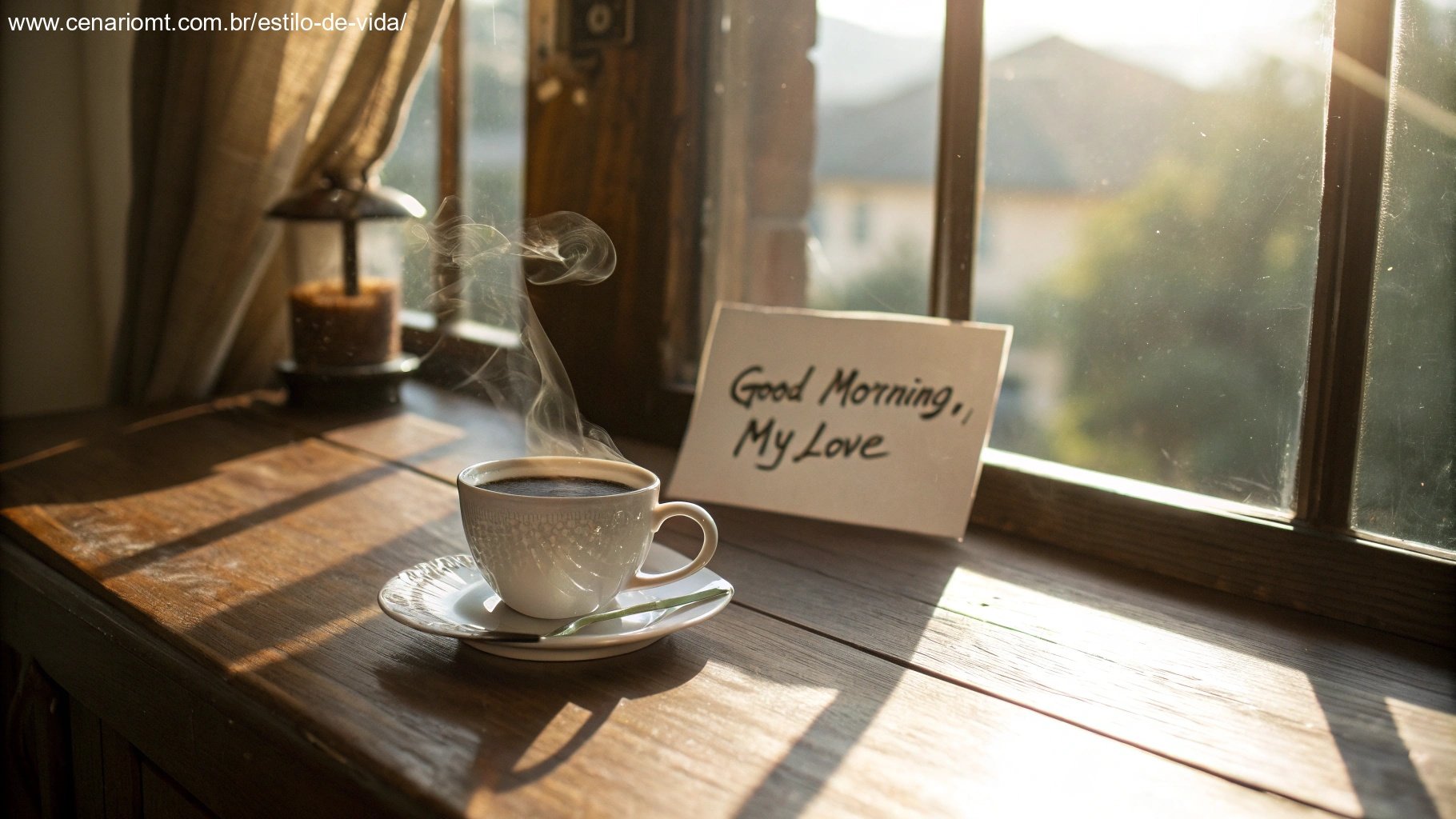 imagem de uma manhã romântica com café e bilhete de bom dia para o amor