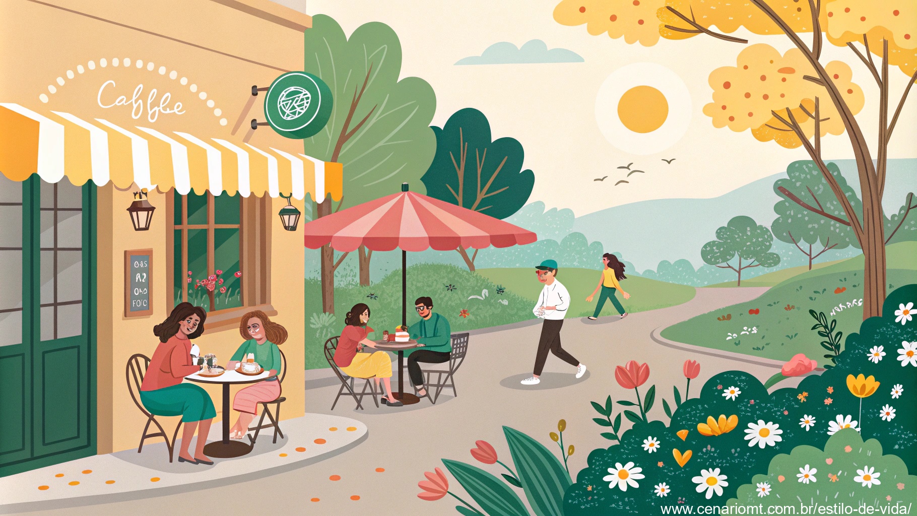 ilustração de um sábado ensolarado com pessoas felizes e momentos relaxantes