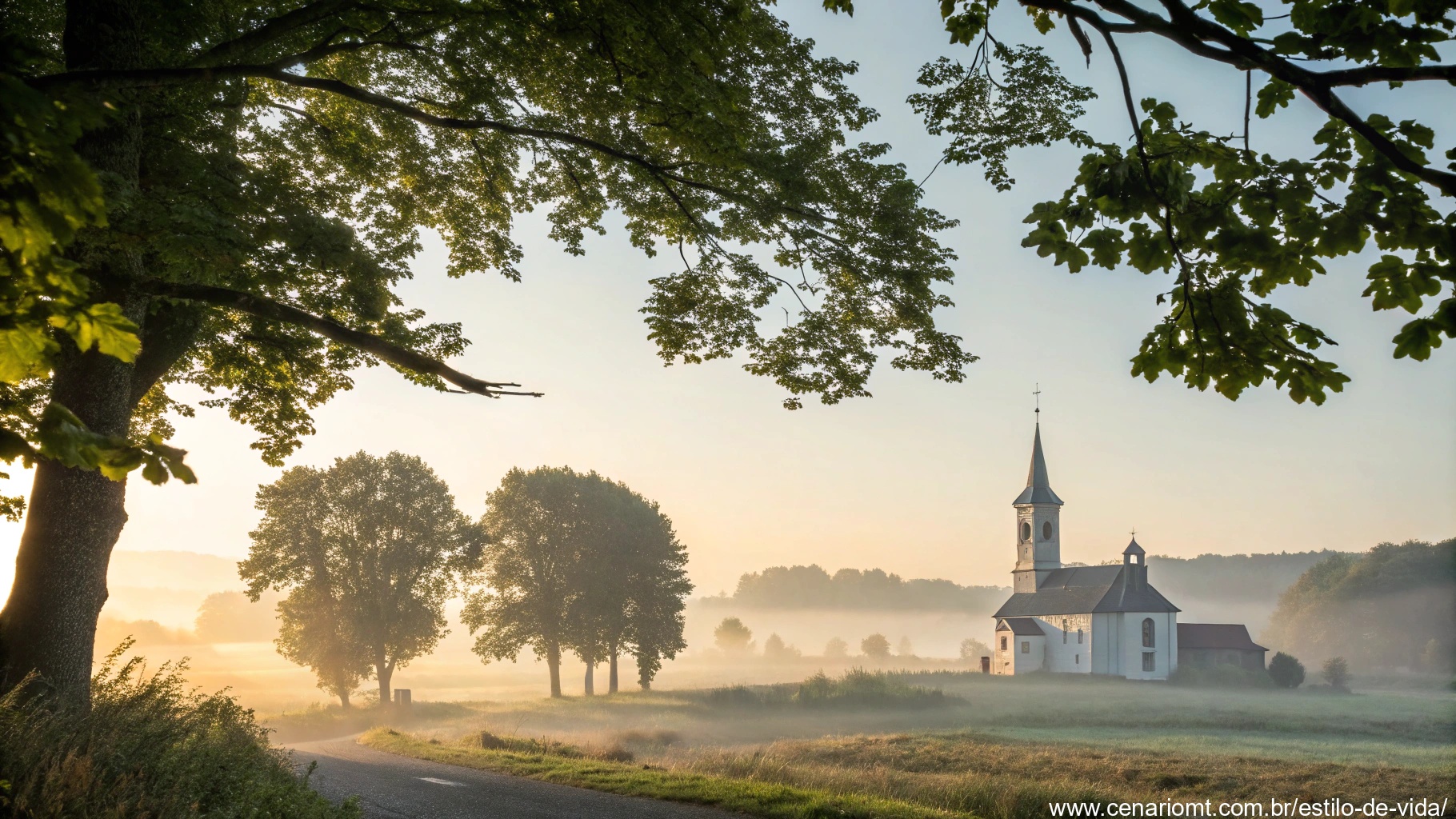 Imagem de um amanhecer sereno com luz do sol suave e uma igreja ao fundo.