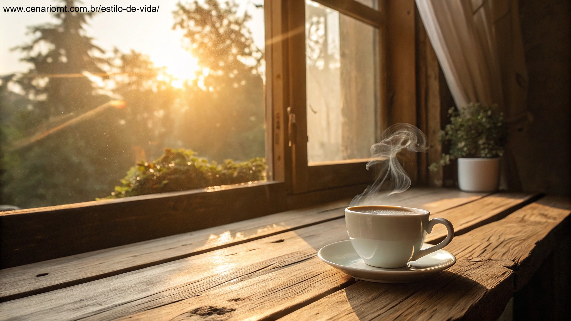 imagem de uma manhã tranquila com uma xícara de café e luz do sol para transmitir carinho e positividade