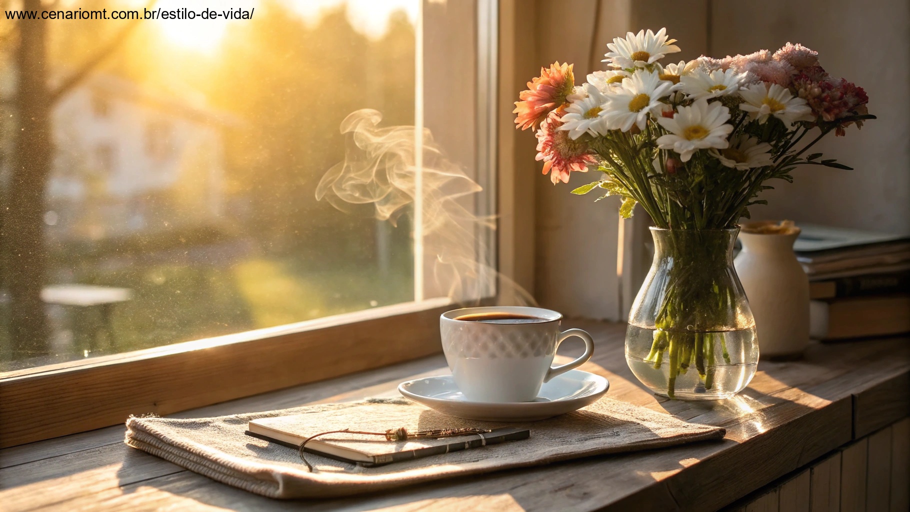 Cena aconchegante de uma manhã ensolarada com café e flores na mesa.