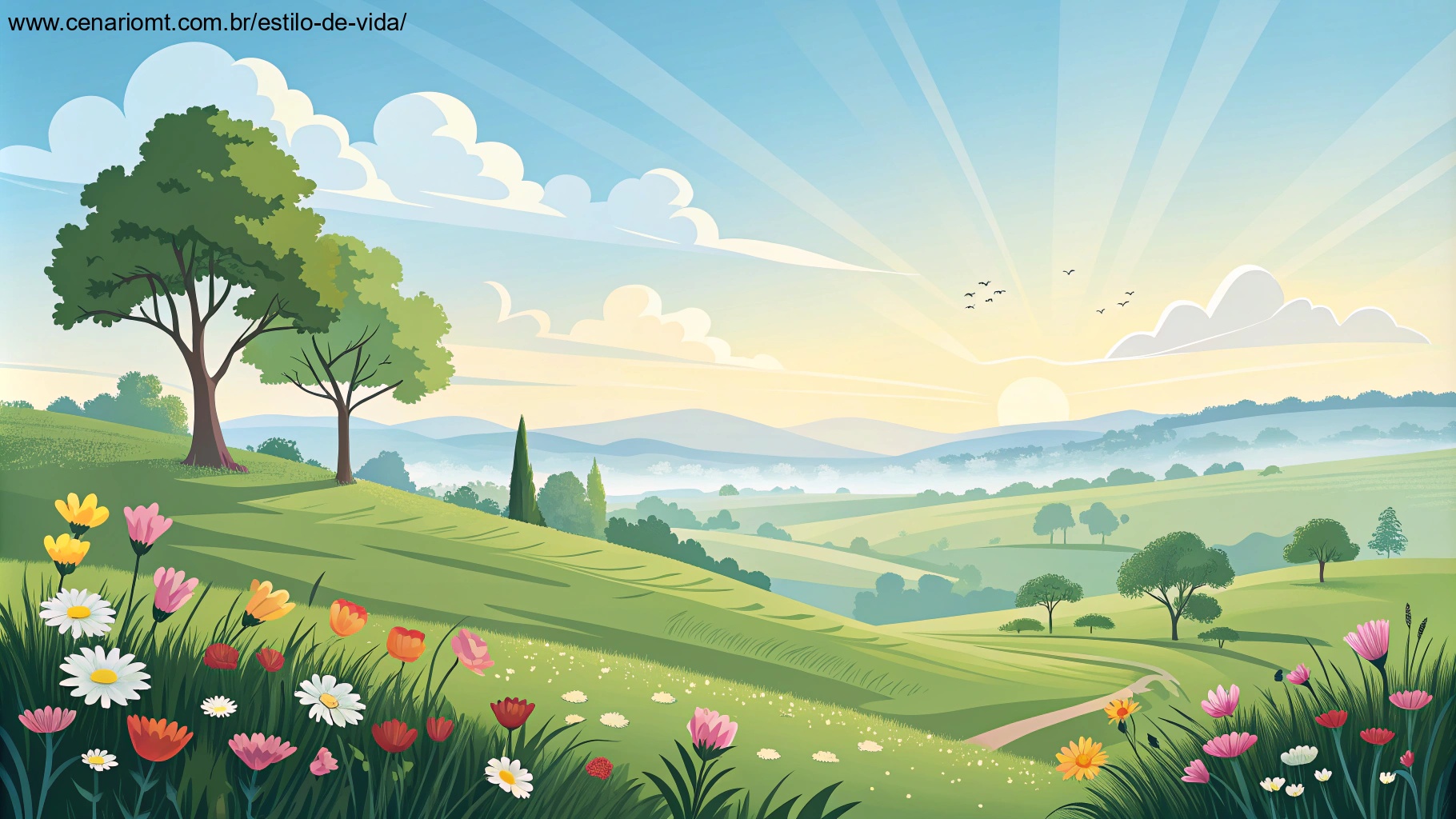 Imagem de uma manhã tranquila com luz suave, paisagem rural e flores vibrantes.