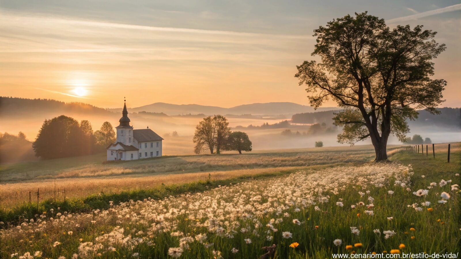 imagem de um nascer do sol tranquilo em uma paisagem campestre, simbolizando paz e inspiração para uma sexta-feira abençoada