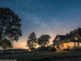 Cena de noite de sábado tranquila com céu estrelado sobre um campo sereno e casa acolhedora iluminada.