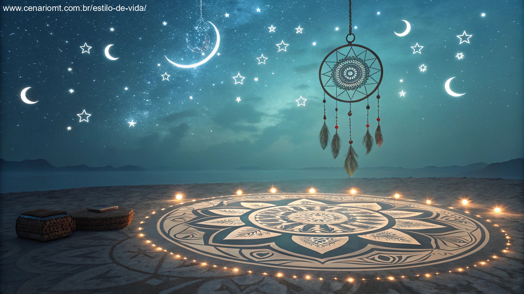 Ilustração de um cenário místico representando espiritualidade, com símbolos de sonhos e um fundo celestial.