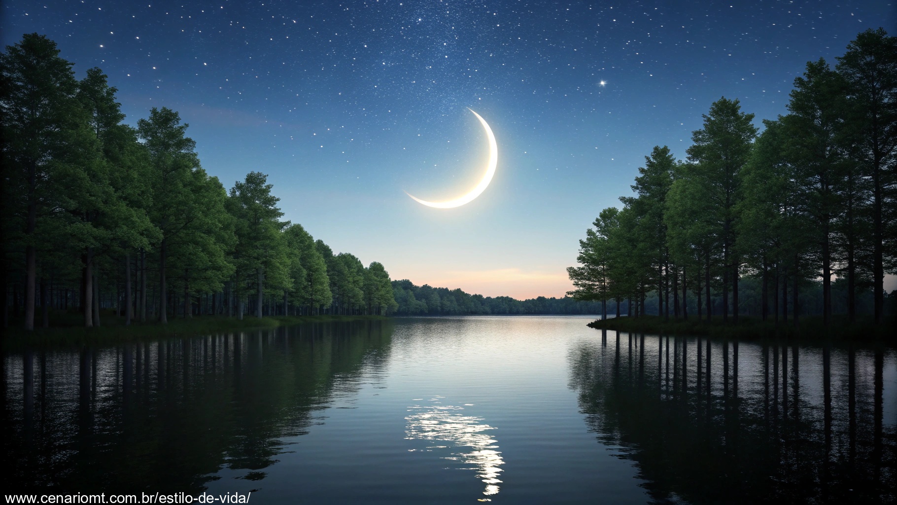 imagem de uma noite tranquila com uma lua crescente e um lago sereno, simbolizando paz e bênçãos