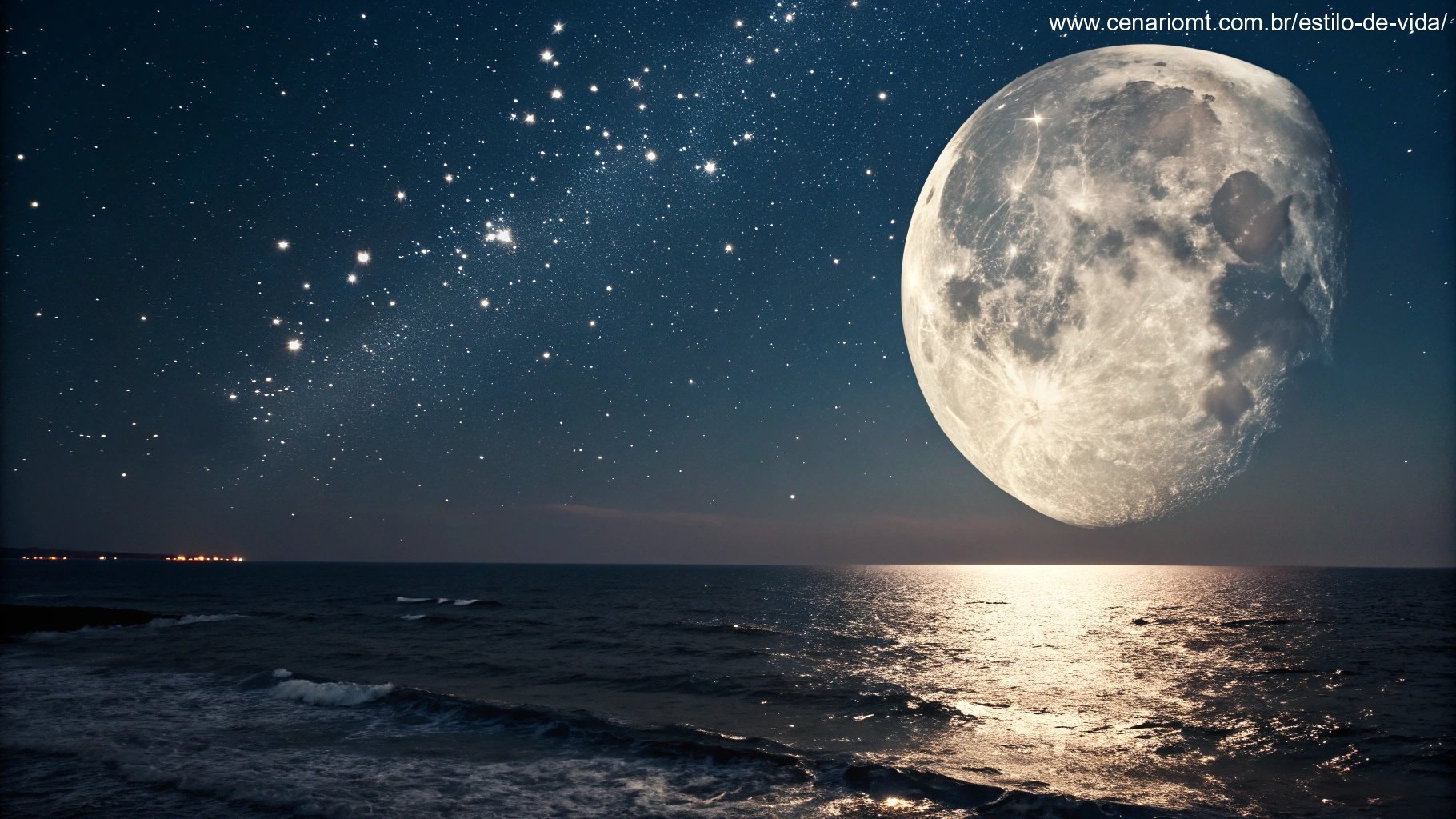 imagem de uma Lua Gibosa Minguante brilhando no céu noturno com reflexo no oceano