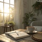 imagem de uma paisagem tranquila ao amanhecer com uma Bíblia aberta e uma xícara de café