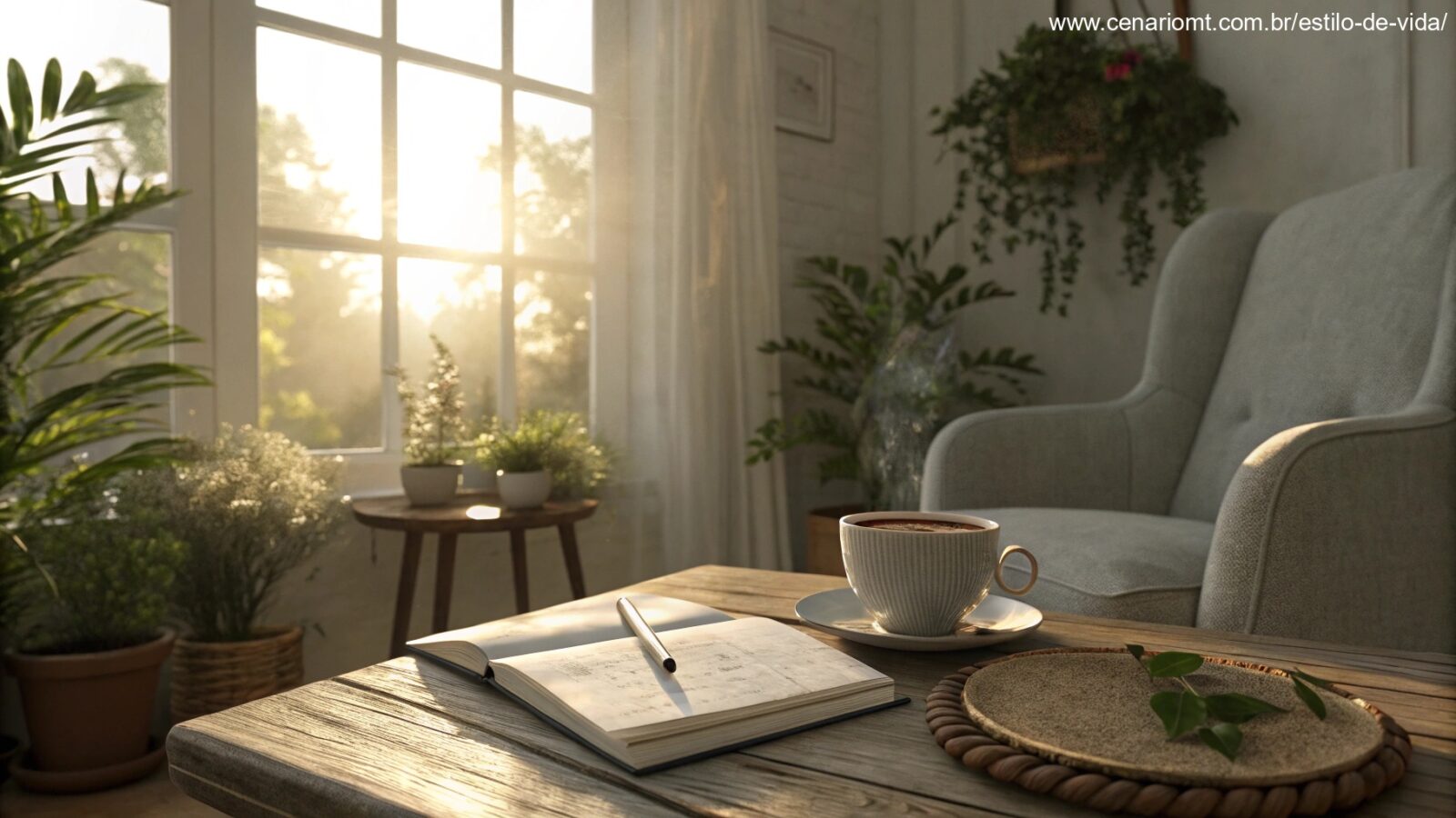 imagem de uma paisagem tranquila ao amanhecer com uma Bíblia aberta e uma xícara de café