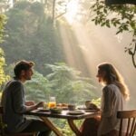 Imagem romântica de um casal aproveitando a manhã de sábado com café da manhã e luz natural.