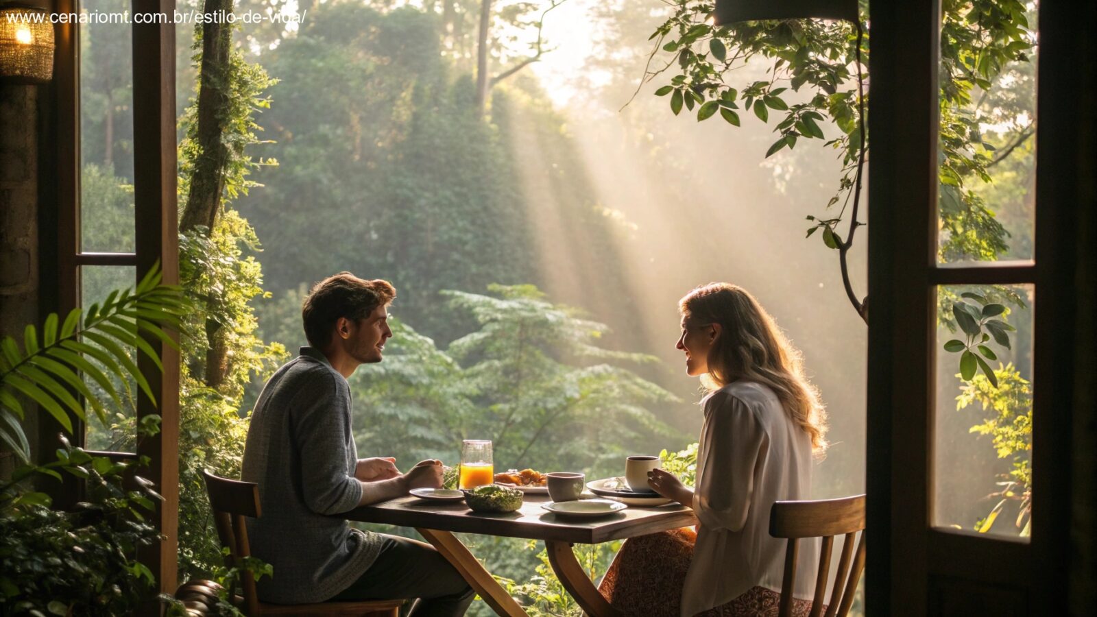 Imagem romântica de um casal aproveitando a manhã de sábado com café da manhã e luz natural.