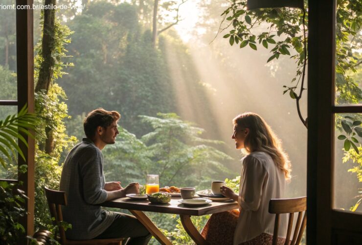 Imagem romântica de um casal aproveitando a manhã de sábado com café da manhã e luz natural.