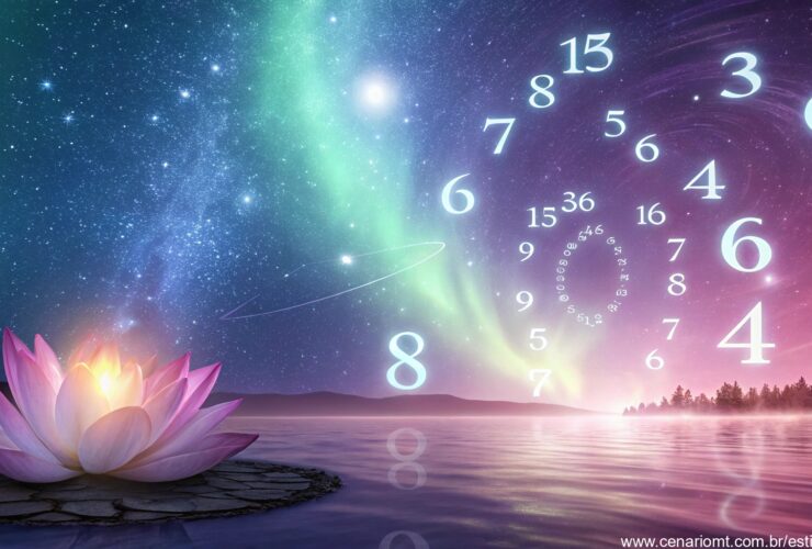 Ilustração de numerologia com números místicos brilhando em um fundo cósmico vibrante