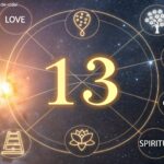 Imagem mística representando o número 13 com luz dourada, símbolos de amor, saúde, carreira e espiritualidade.