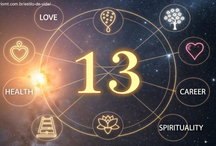 Imagem mística representando o número 13 com luz dourada, símbolos de amor, saúde, carreira e espiritualidade.