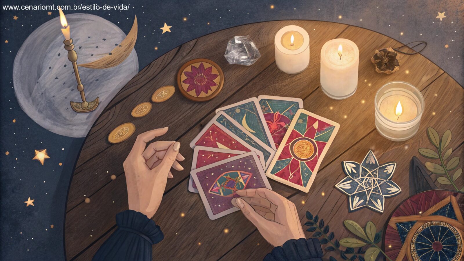imagem de uma leitura de tarot com cartas e elementos místicos ao fundo