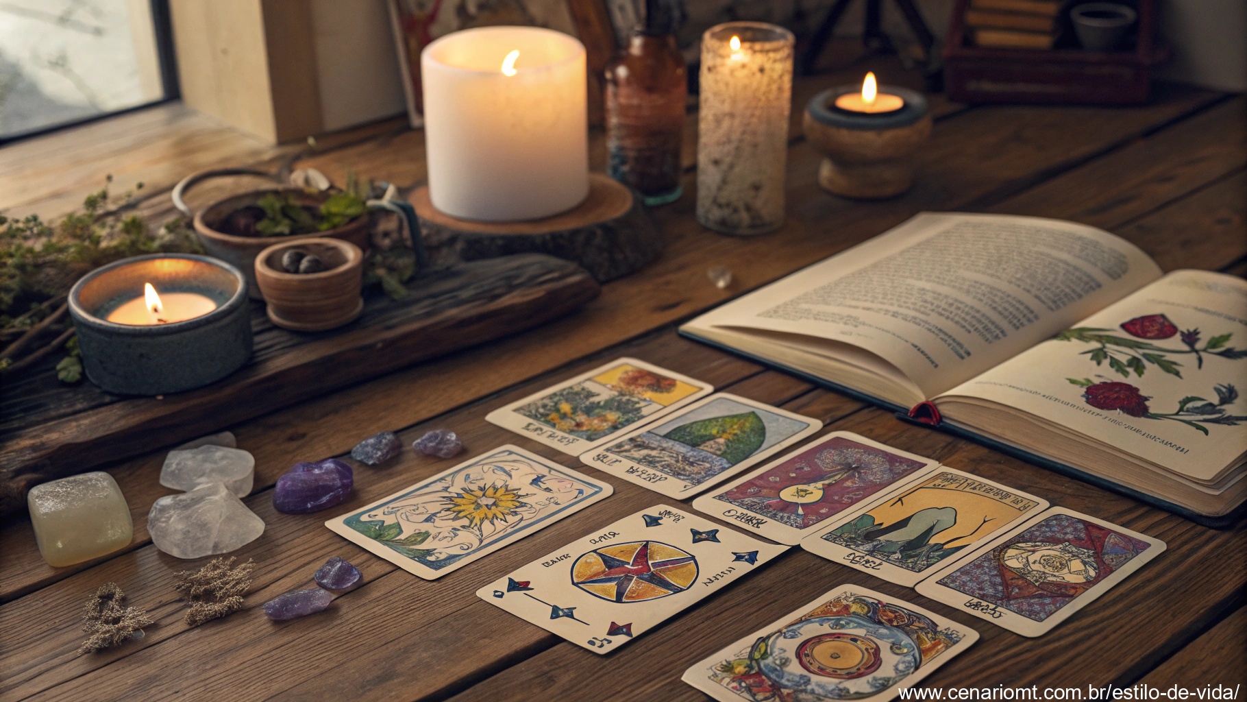 Imagem de uma mesa com cartas de tarot, velas acesas e cristais, em um ambiente místico.