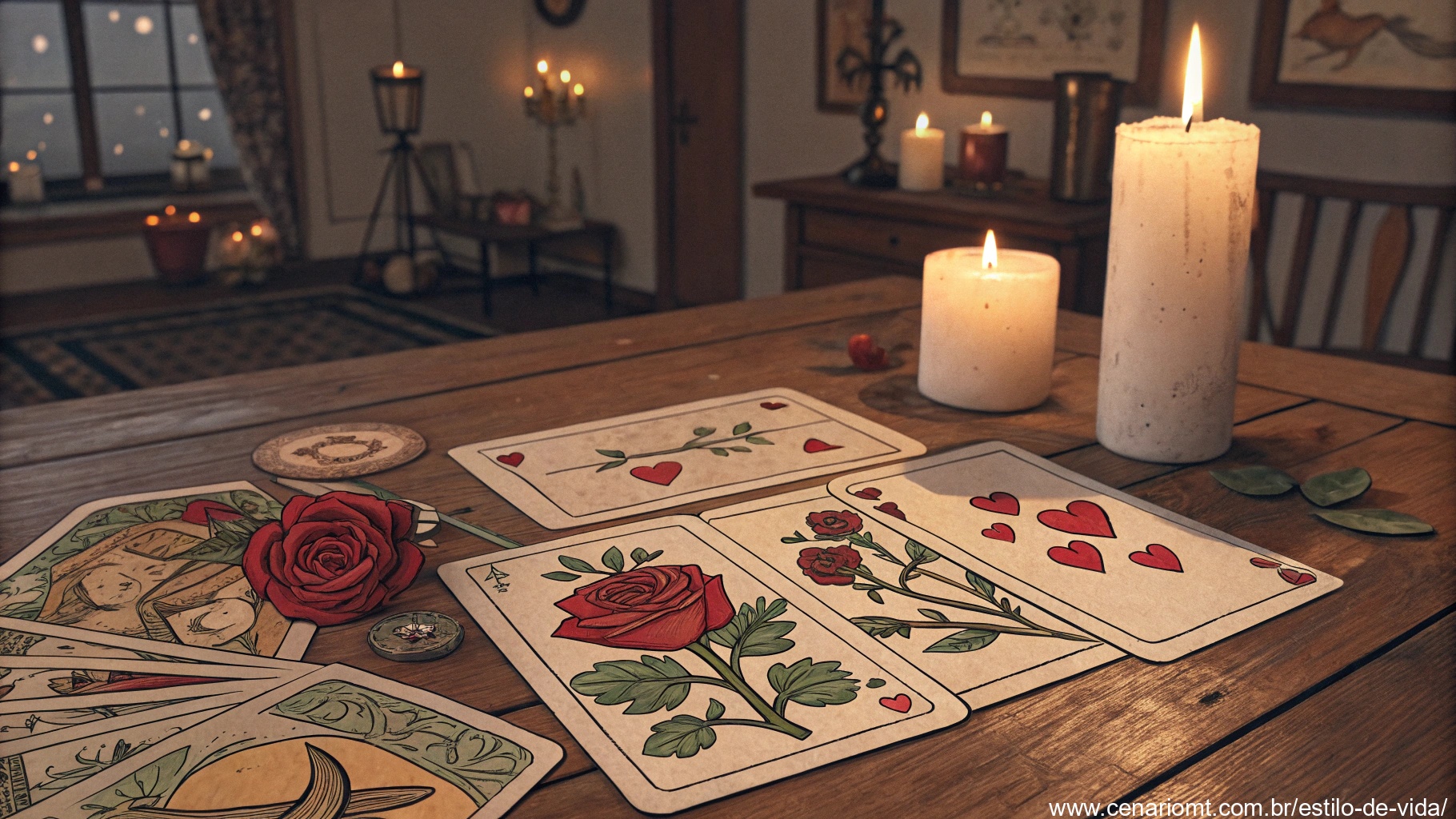 ilustração de uma leitura de tarot com símbolos de amor, como corações e rosas, em um ambiente acolhedor